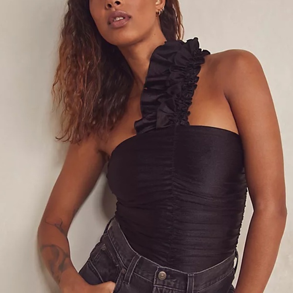 Free People Intimately Like Honey Khaki One-Shoulder Ruffle Bodysuit Size S